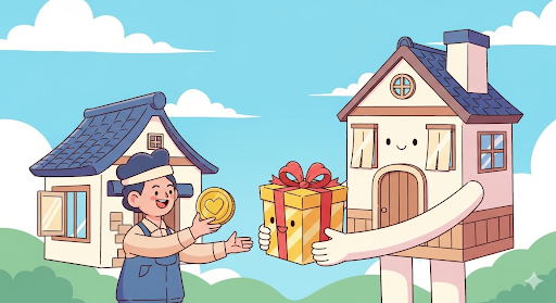 ふるさと納税制度をテーマにしたイラスト。可愛らしい家が描かれ、人物が大きなプレゼントを受け取っています。