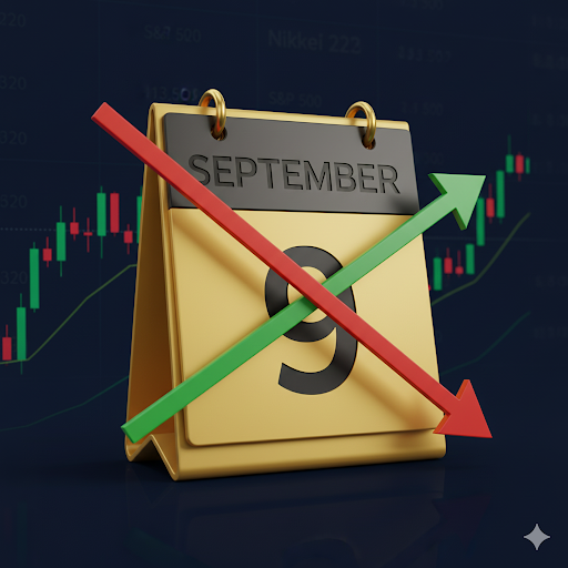 「9月効果」を表すカレンダーと株価の変動を示す矢印。背景には株価チャートが描かれ、市場の変動と投資戦略の必要性を示唆しています。